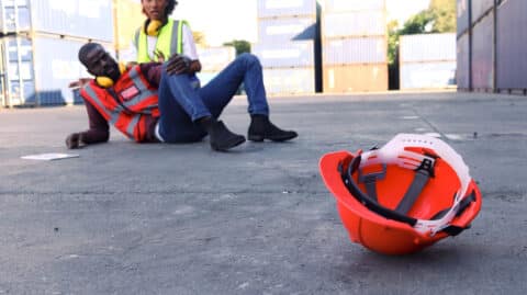 A construction worker helps her coworker up after a negligent contractor caused his injury.