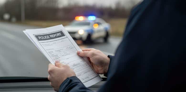 Police officer in the foreground holding an accident report for a crash. Blurred police car in the background.
